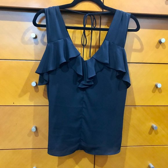 Express Flowy Black Ruffled V-Neck & V-Back Sleeveless Blouse - Size XS - Picture 1 of 16